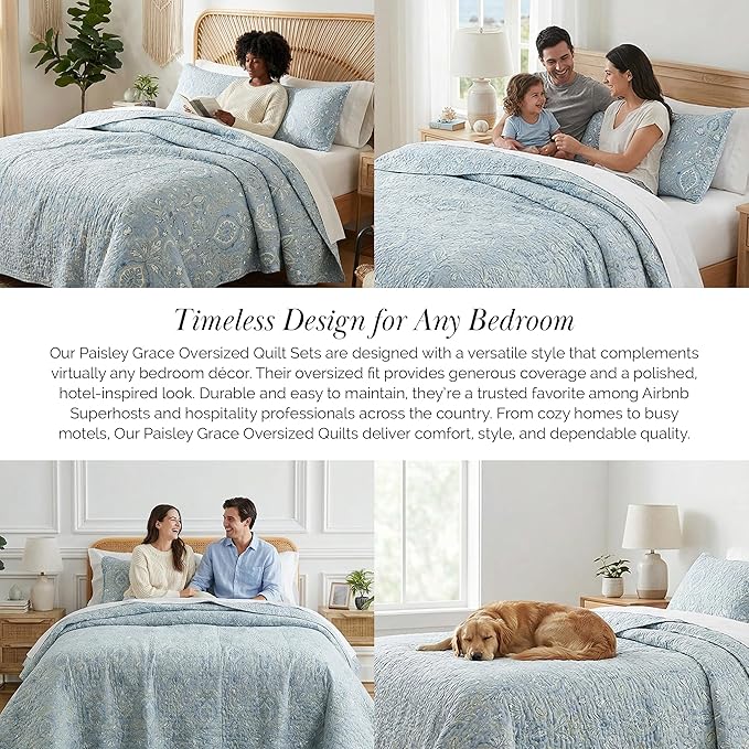 Southshore Fine Living, Inc. Boho Quilt Set, Lightweight Bedspread, Summer Coverlet, 3-Piece Paisley Bedding Set with Two Matching Pillow Shams, California King Quilts, Blue Paisley