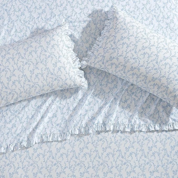 Laura Ashley - King Sheet Set, Breathable Percale Cotton Bedding, 200 Thread Count, Floral Home Decor (Victoria Blue, King)