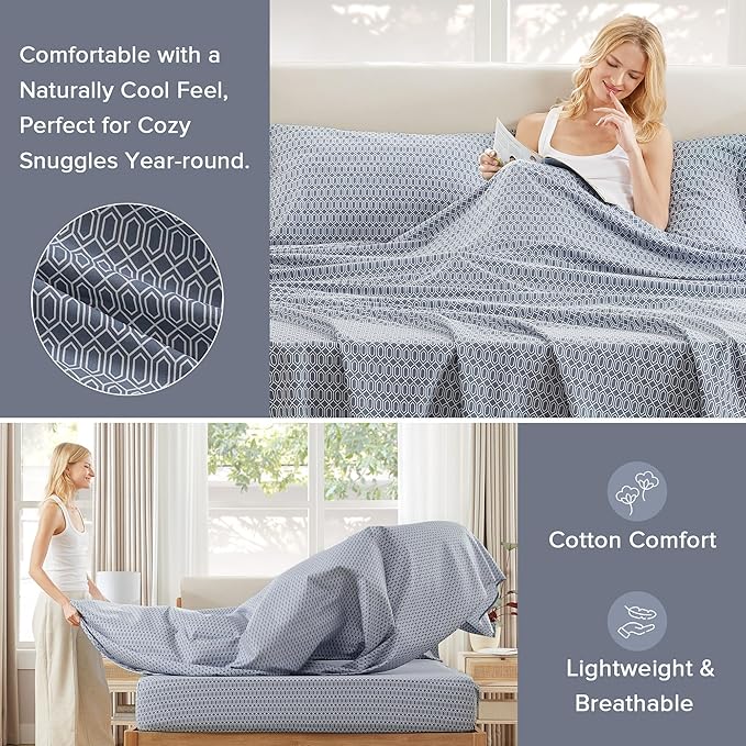 Comfort Spaces 100% Cotton Sheets Twin, Breathable, Naturally Cool Cotton Sheets, Soft Cotton Bed Sheets with 14" Elastic Pocket Fits up to 16" Mattress, All Seasons Sheet Set, Diamond Blue 3 Piece