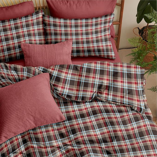 Nayoroom Plaid Duvet Cover Queen Size Vintage Red Brown Gingham Checkered Tartan Duvet Cover Dorm Bedding Set 3 Pieces Soft Lightweight Microfiber Farmhouse Bedding Set Gifts for Women Men