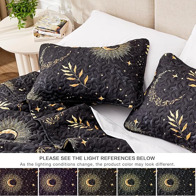 EXQ Home Quilt Set Full Queen Size Black Print 3 Piece,Lightweight Soft Coverlet Modern Style Moon Pattern Bedspread Set(1 Quilt,2 Pillow Shams)