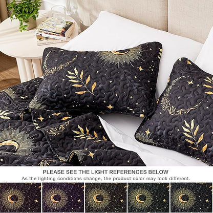 EXQ Home Quilt Set Full Queen Size Black Print 3 Piece,Lightweight Soft Coverlet Modern Style Moon Pattern Bedspread Set(1 Quilt,2 Pillow Shams)