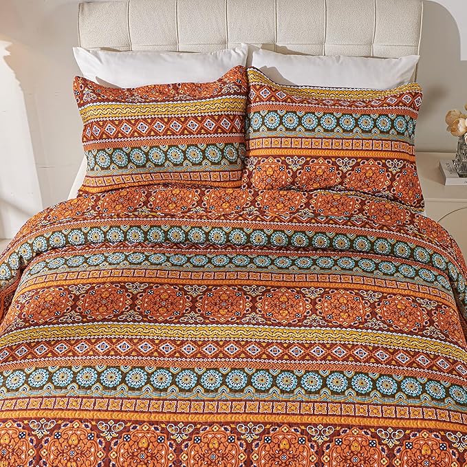 Cmfshape Orange Quilt Sets Bedspread Set 100% Cotton Boho Bedding Set, All Season Use Lightweight Reversible Coverlet Quilts with 1 Pillow Shams(Twin 68"x86")