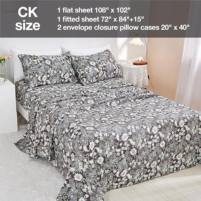 JSD Paisley Sheet Set Cal King, 4 Piece Retro Pattern Microfiber Bedding Sheets Extra Deep Pocket