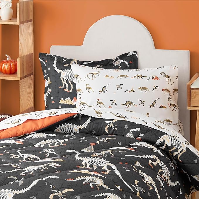 Grey Dinosaur Twin Comforter for Boys, 5 Pieces Kids Bedroom Bedding Set with Sheets and Pillowcase, Super Soft Lightweight for All Seasons, Machine Washable