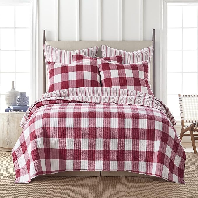 Levtex Home - Camden Quilt Set -King Quilt + Two King Pillow Shams - Buffalo Check in Red and Cream - Quilt Size (106 x 92 in.) and Pillow Sham Size (36 x 20 in.) - Reversible Pattern - Cotton