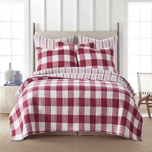 Levtex Home - Camden Quilt Set -King Quilt + Two King Pillow Shams - Buffalo Check in Red and Cream - Quilt Size (106 x 92 in.) and Pillow Sham Size (36 x 20 in.) - Reversible Pattern - Cotton