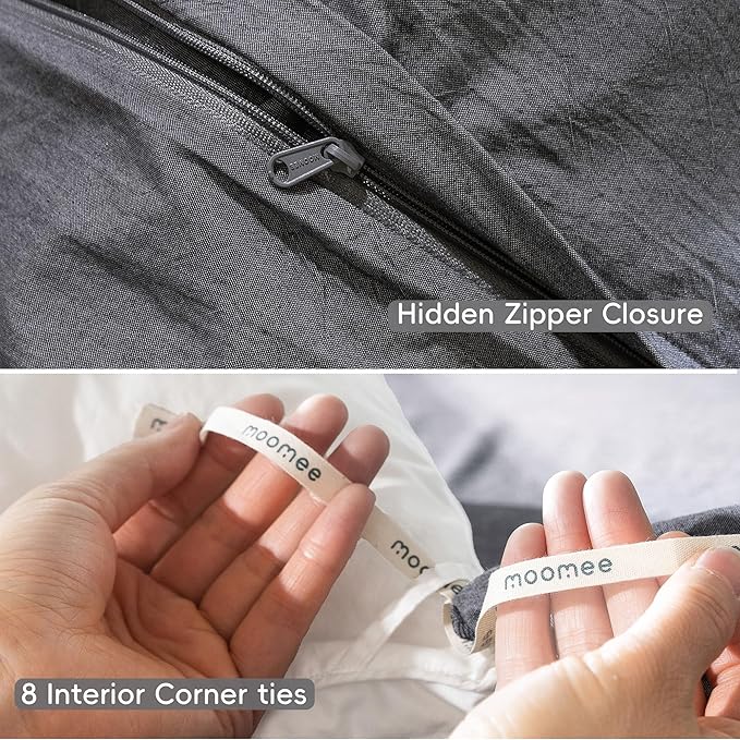 MooMee Bedding Duvet Cover Set 100% Washed Cotton Linen Like Textured Breathable Durable Soft Comfy (Heathered Dark Grey, King 104"x90")