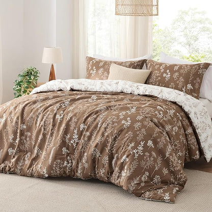 Bedsure Queen Comforter Set - Brown Bed Set, 3 Pieces Cute Floral Bedding, 1 Soft Reversible Botanical Flowers Comforter and 2 Pillow Shams