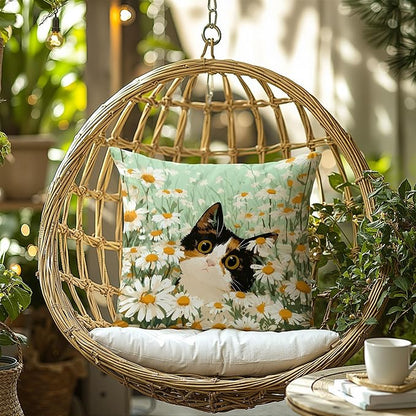 Calico Cat Daisy Throw Pillow Covers 18x18,Gifts for Cat Lovers,Boho Floral Cat Pillowcases, Aesthetic Spring Decor for Dorm Bedroom Office