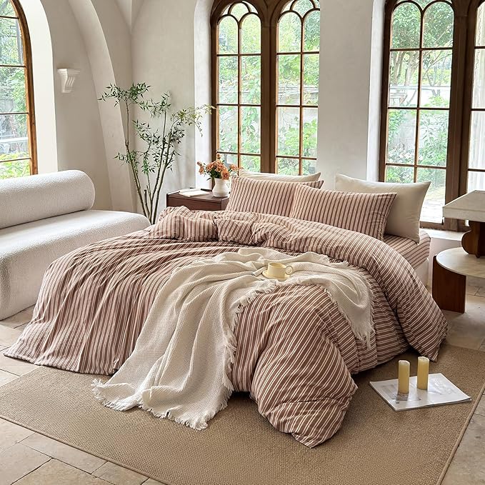 Striped Duvet Cover Set 100% Washed Cotton Linen Like Soft Feelling Breathable Bedding(Burnt Orange/White Strip,Twin)