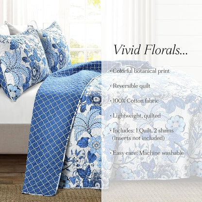 Lush Decor Sydney Reversible Cotton Quilt Set, 3 Piece Set, Full/Queen, Navy & White - Cotton Bedding Set - Navy Floral Quilt - Cottage Decor - Bedding Queen Size