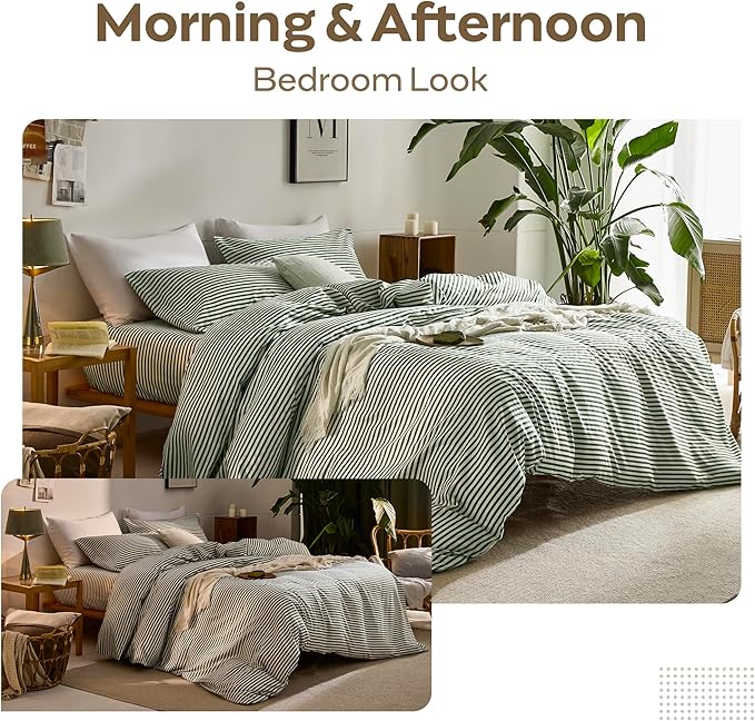 JELLYMONI 100% Natural Cotton 3pcs Striped Duvet Cover Sets,White Duvet Cover with Green Stripes Pattern Printed Comforter Cover,with Zipper Closure & Corner Ties(Full Size)