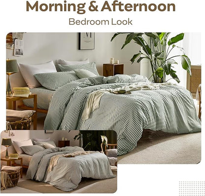 JELLYMONI 100% Natural Cotton Striped Duvet Cover Sets,White Duvet Cover with Green Stripes Pattern Printed Comforter Cover,with Zipper Closure & Corner Ties(Twin 66×92 Inch)