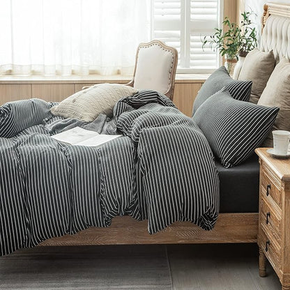 PURE ERA Jersey Knit Duvet Cover Set 100% T-Shirt Heather Cotton Super Soft Comfy Classic Striped Design, with Zipper Closure, Black & White Pinstripe, King