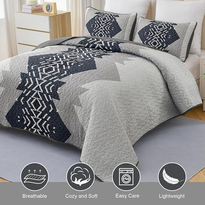 Dintszyayue Queen Size Quilt Set,3 Pieces Boho Bedspread Aztec Texture Quikted Coverlet Set Navy Blue Bedding Sets Geometric Pattern Microfiber Bed Cover for All Season(Navy,90"x96")