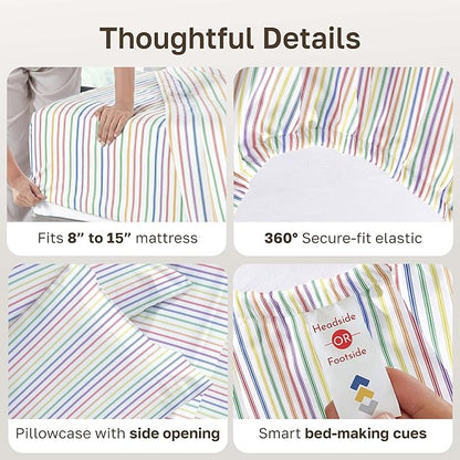 California Design Den Printed Twin XL Sheet Sets - 400 Thread Count Sateen, Natural 100% Cotton Sheets, Deep Pockets, and Durable Bedding Set - Rainbow Striped