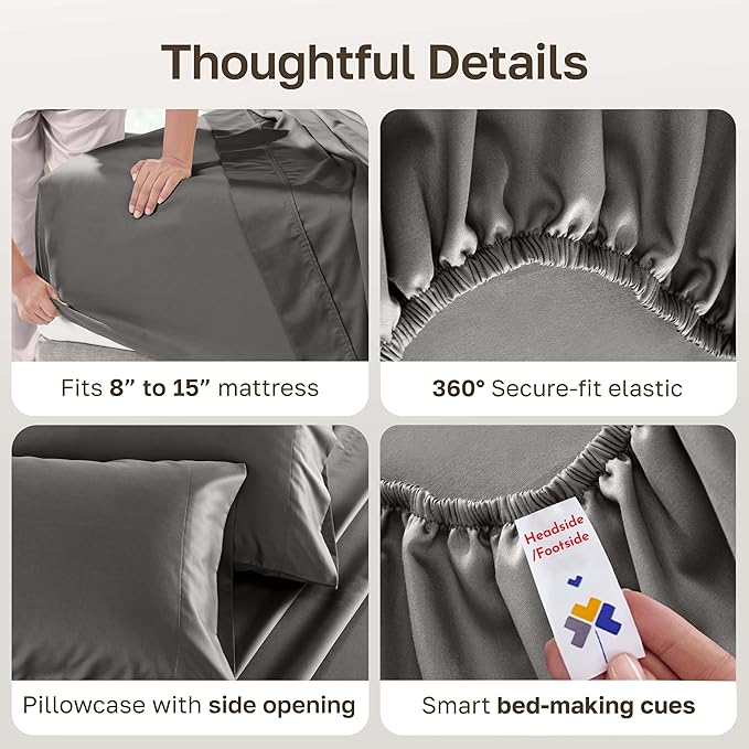 California Design Den Twin XL Cotton Sheets Set, Soft 100% Cotton Sheets Deep Pockets, 500 Thread Count Sateen Bed Sheets Set, Twin XL Sheets, Dorm Essentials for Guys - Dark Grey