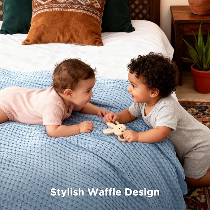 Bedsure Cooling Cotton Waffle Queen Size Blanket - Lightweight Breathable Blanket of Rayon Derived from Bamboo for Hot Sleepers, Luxury Throws for Bed, Couch and Sofa, Light Blue, 90x90 Inches