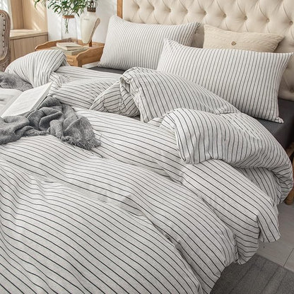 PURE ERA Jersey Knit Duvet Cover Set 100% T-Shirt Heather Cotton Super Soft Comfy Classic Striped Design, with Zipper Closure, Heather White & Black Pinstripe, King
