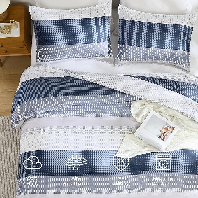 Litanika Mineral Blue Comforter Set Super King - 3 Pieces Lightweight Mineral Blue White Colorblock Stripe Fluffy Bedding Comforter Sets, All Season Bed Set