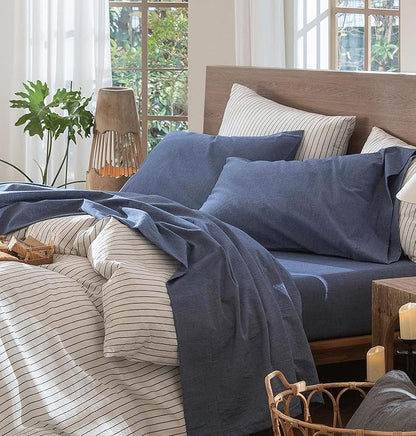MooMee Bedding Sheet Set 100% Washed Cotton Linen Like Textured Breathable Durable Soft Comfy (Heathered Blue, King)