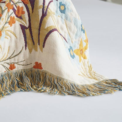 Boho Throw Blanket for Bed 80”x90”, 100% Cotton Woven Blanket for Couch Sofa, Ultra Soft 4-Layer Muslin Quilt with Floral Printed, Farmhouse Bed Blanket/Cover for Living Room Decor
