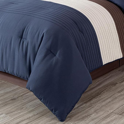 Chezmoi Collection Loft 8-Piece Queen Comforter Set, Midnight Blue/Brown/Coffee Cream Luxury Striped Bedding for All Season
