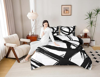 Erosebridal Black and White Abstarct Queen Comforter Set for Adult Women Men, Geometric Striped Bedding Set for Minimalists,Graffiti Aesthetic Lines Quilt,Contemporary Boho Modern Art Duvet Insert