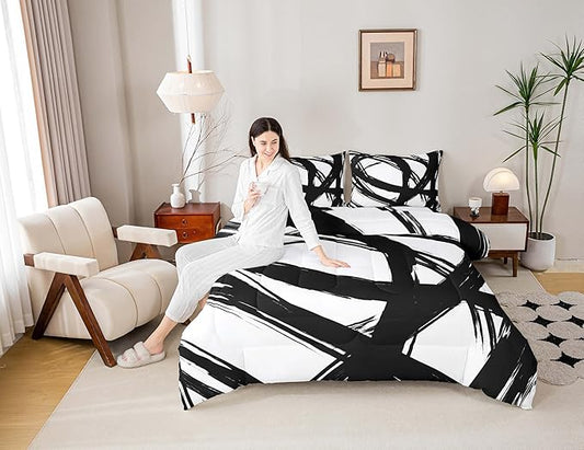 Black and White Abstarct Comforter Set Twin Size for Kids Boys Girs,Graffiti Stripes Lines Bedding Set,Aesthetic Geometric Duvet Insert for Minimalists,Contemporary Boho Modern Art Quilt