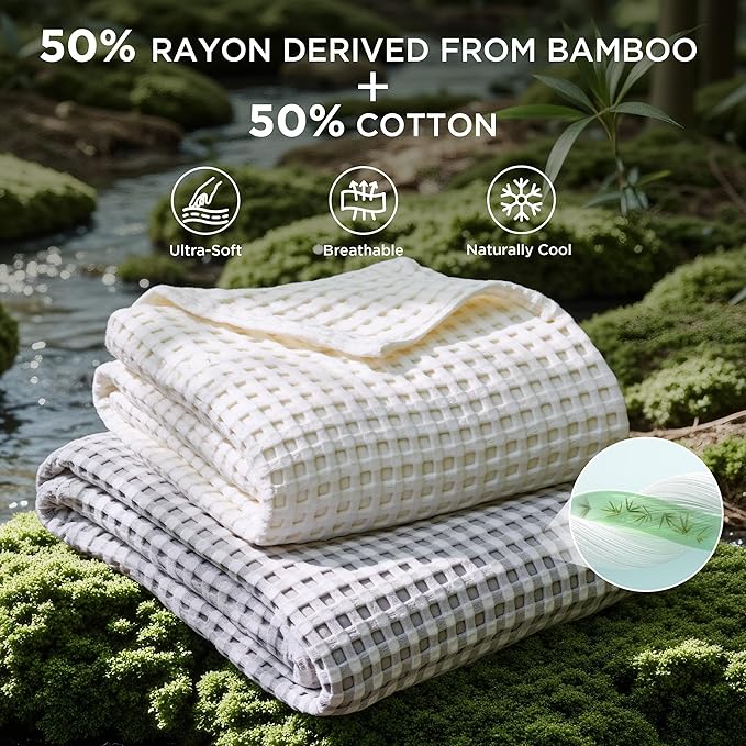 Bedsure Cooling Waffle Queen Size Blanket - Lightweight Cotton Spring Blanket of Rayon Derived from Bamboo for Hot Sleepers, Luxury Throws for Bed, Couch and Sofa, Ivory, 90x90 Inches