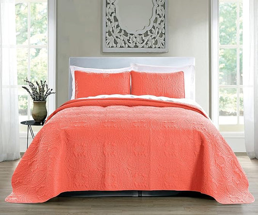Quilt Set King/Cal King/California King Size Coral - Oversized Bedspread - Soft Microfiber Lightweight Coverlet for All Season - 3 Piece Includes 1 Quilt and 2 Shams, Geometric Pattern