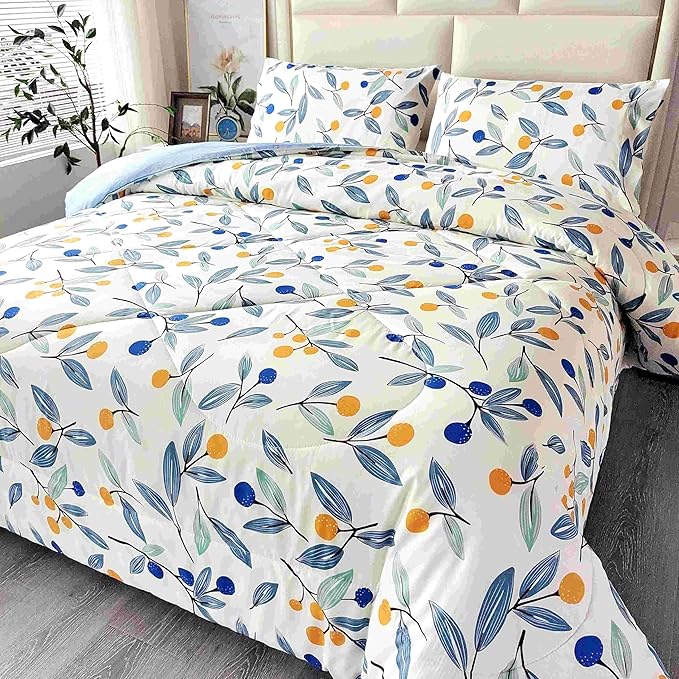 SDIII 3PCS Blue Floral Comforter Set Queen, Soft Microfiber Lightweight Blue Floral Comforter Queen, Vintage Coquette Bedding Quilt Set for All Season