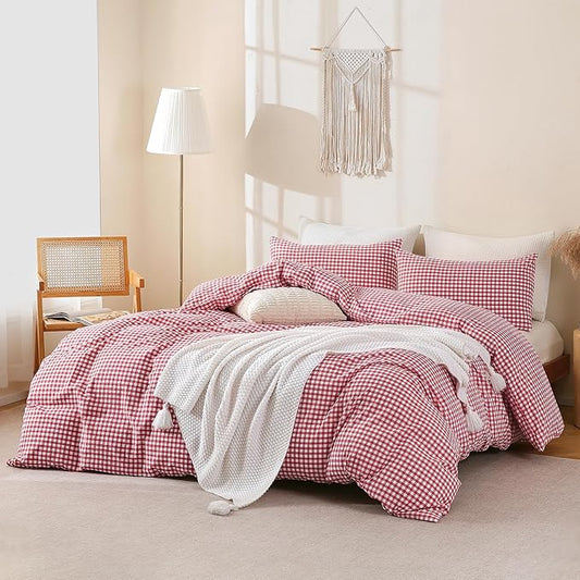 TOCOMOA Red Gingham Duvet Cover Bedding Set 100% Washed Cotton Like Linen Feel Super Soft Comfortable 3 Piece Cute Plaid Checkered Comforter Cover Set (King 104"x90", Comforter Not Included)
