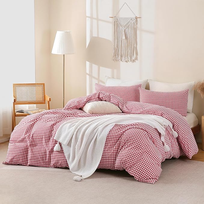 TOCOMOA Red Gingham Duvet Cover Bedding Set 100% Washed Cotton Like Linen Feel Super Soft Comfortable 3 Piece Cute Plaid Checkered Comforter Cover Set (Queen 90"x90", Comforter Not Included)