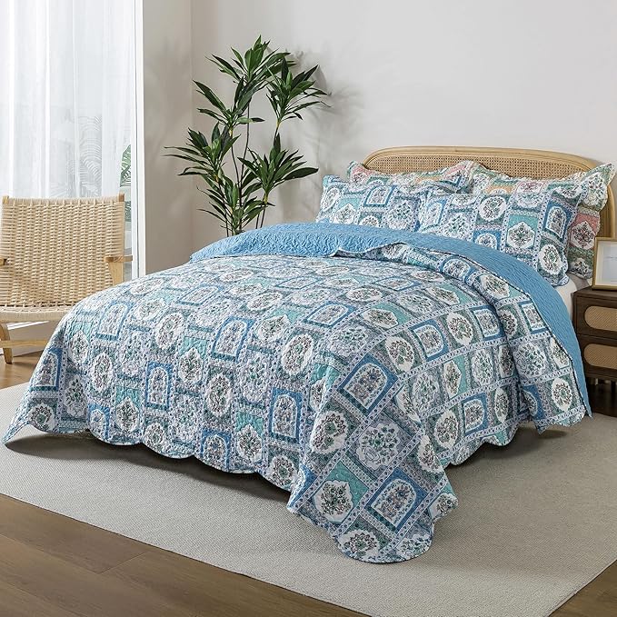 HoneiLife King Quilt Bedding Sets - 3 Piece Microfiber Quilt Set Rustic Bedspread Set Floral Coverlet Sets for King Bed