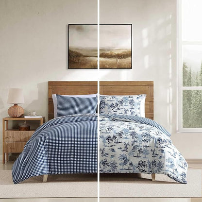 Eddie Bauer - King Comforter Set, Super Soft Reversible Bedding with Matching Shams, Buffalo Check Reverse, Rustic Inspired Room Essentials (Vintage Forest Toile Blue, King)