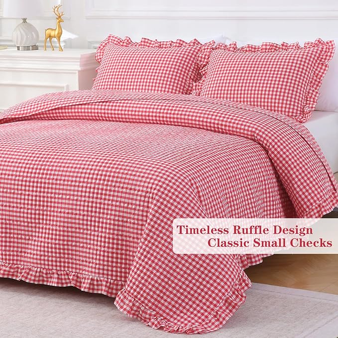 Red White Ruffle Gingham Quilt Set Queen Size with 2 Pillow Shams, 100% Washed Cotton Yarn-Dyed Quited Bedspread Farmhouse Bedding Set (Red, Queen)
