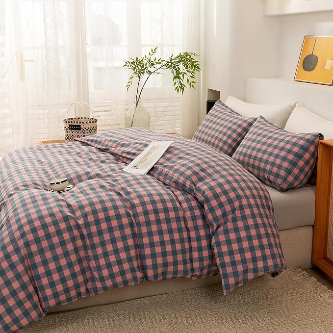 ECOCOTT Duvet Cover Set, 100% Washed Cotton Linen-Like Soft & Breathable, Durable Comfy Bedding Set for All Seasons King Size, Purple Pink Plaid