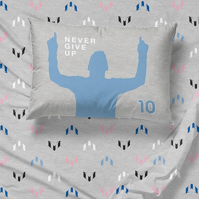 Jay Franco Kids Sheet Set with Fitted, Flat Sheets & Pillow Cover - Ultra-Soft Bedding with Pillowcase for Room Decor, Grey - Messi, 3 Piece Twin