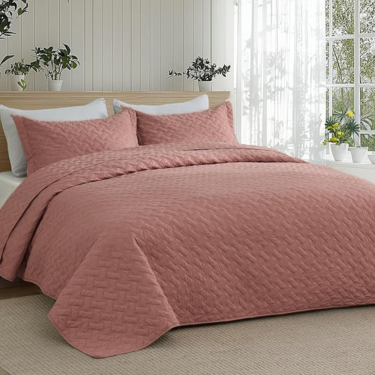 Bedsure Quilts King Size - Lightweight Bedspreads King Size with Basket Weave Pattern, Soft Quilt Bedding Set, Grayish Pink Comforter Set Coverlet for All Seasons with 2 Pillow Shams (106" x 96") | Skin-Friendly Soft, All-Season Comfort, Breathable, Li...
