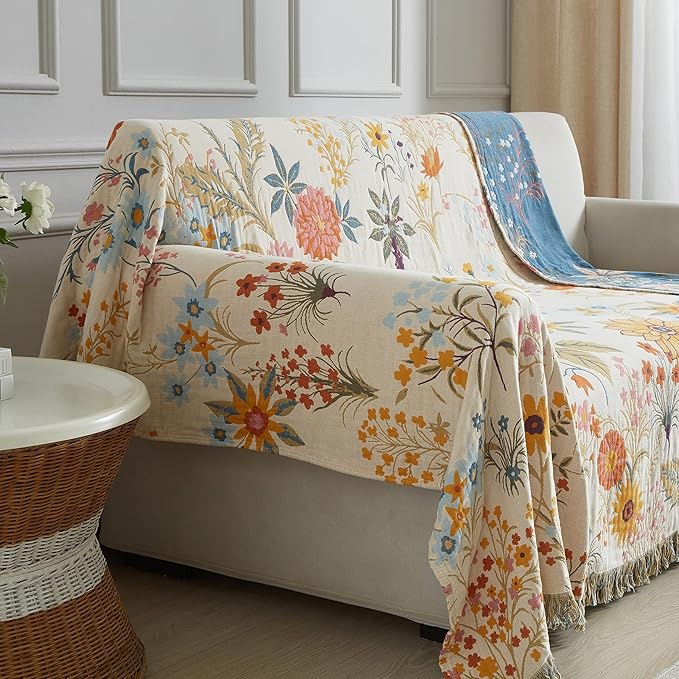 Boho Throw Blanket for Bed 80”x90”, 100% Cotton Woven Blanket for Couch Sofa, Ultra Soft 4-Layer Muslin Quilt with Floral Printed, Farmhouse Bed Blanket/Cover for Living Room Decor