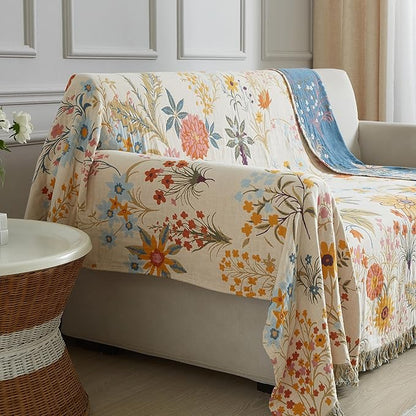 Boho Throw Blanket for Bed 90”x98”, 100% Cotton Woven Blanket for Couch Sofa, Ultra Soft 4-Layer Muslin Quilt with Floral Printed, Farmhouse Bed Blanket/Cover for Living Room Decor