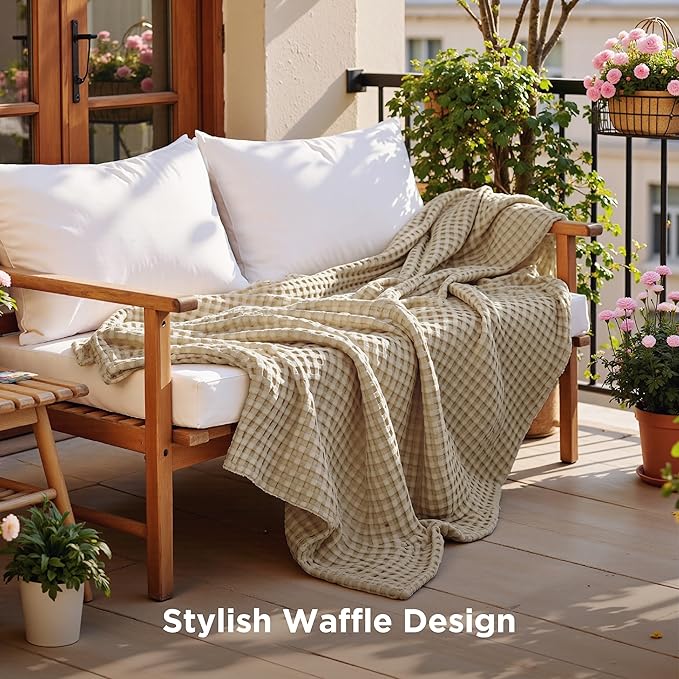 Bedsure Cooling Cotton Waffle Twin XL Blanket - Lightweight Breathable Blanket of Rayon Derived from Bamboo for Hot Sleepers, Luxury Throws for Bed, Couch and Sofa, Light Brown, 66x90 Inches
