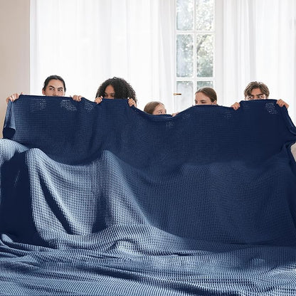 Bedsure Gentlesoft 100% Cotton Big Blanket Oversized King for Bed - Large Breathable Thick Cooling Waffle Weave Blanket for Summer, Couch Cover, Navy, 120x94 inches