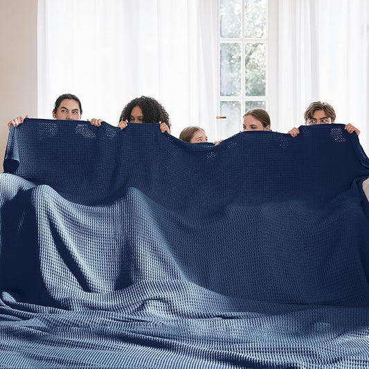 Bedsure Gentlesoft 100% Cotton Big Blanket Oversized King for Bed - Large Breathable Thick Cooling Waffle Weave Blanket for Summer, Couch Cover, Navy, 120x94 inches
