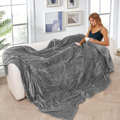 Electric Heated Blanket King Size 90"×100", Comfortable & Luxurious Flannel, 4 Heating Levels & 10 H Auto Shut Off, Light Grey
