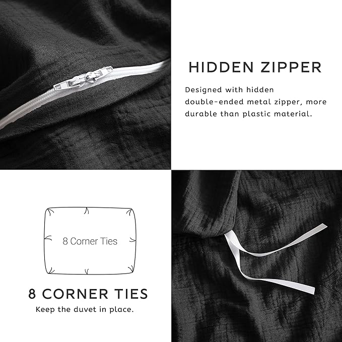 SE SOFTEXLY Muslin Duvet Cover King Size, 100% Washed Cotton Duvet Cover Set, Ultra Soft Comforter Cover Linen Like, 3 Pieces Minimalist Gauze Duvet Cover with 2 Pillowcases, 90"x104", Black