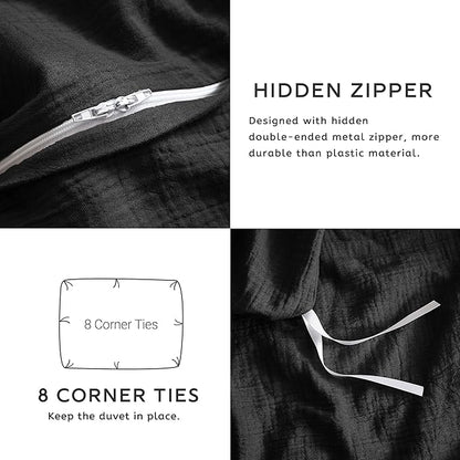 SE SOFTEXLY Muslin Duvet Cover King Size, 100% Washed Cotton Duvet Cover Set, Ultra Soft Comforter Cover Linen Like, 3 Pieces Minimalist Gauze Duvet Cover with 2 Pillowcases, 90"x104", Black