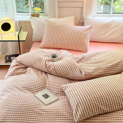 LifeTB Pink Gingham Duvet Cover Twin 3 Pieces Pink Plaid Duvet Cover 100% Washed Cotton Bedding Boho Coral Grid Comforter Cover Farmhouse Checkered Gingham Bedding Set with 2 Pillowcases